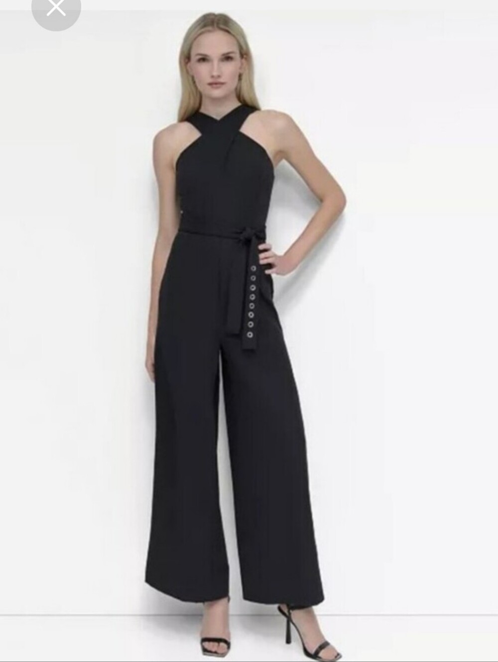 DKNY NWT $139 Black Wrap Wide Leg Jumpsuit Belted Sleeveless Size 8 Workwear